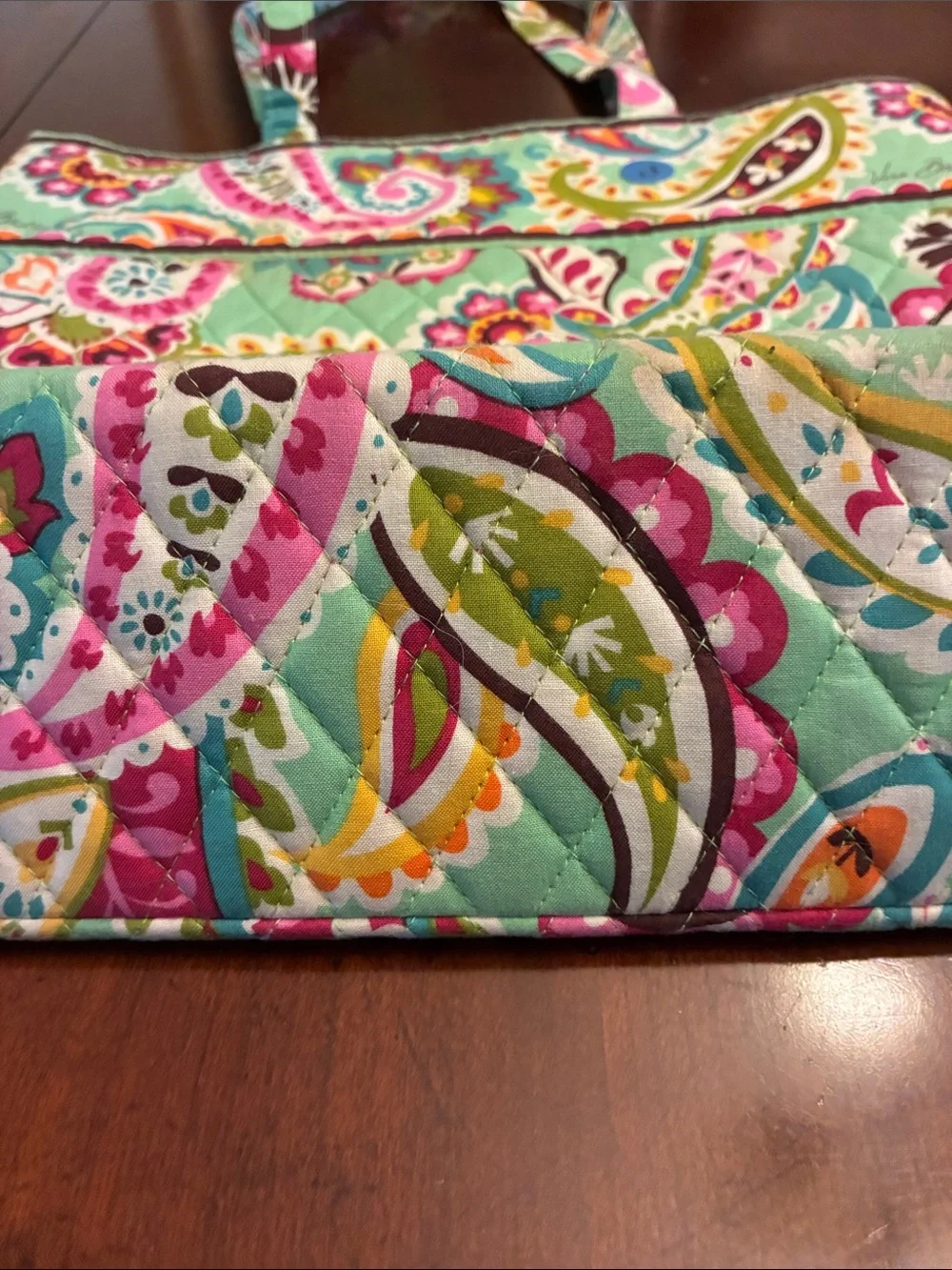 Vera Bradley Turquoise Paisley Quilted Tote with Pink and Yellow Accents